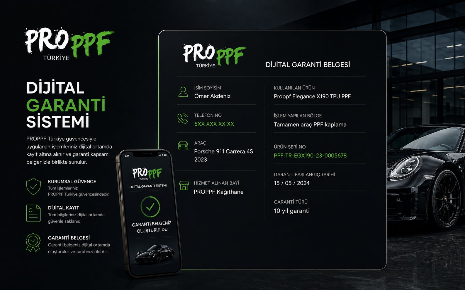 PROPPF Düzce dijital garanti belgesi örneği — telefon üzerinden görüntülenen garanti kaydı